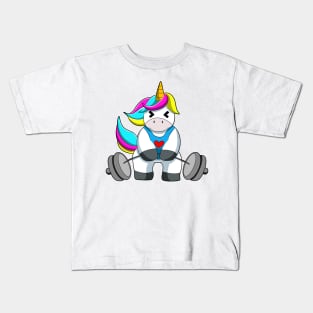 Unicorn at Strength training with Dumbbell Kids T-Shirt